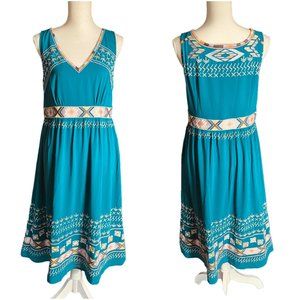 Sundance Catalog Embroidered Dress 8 M teal blue sleeveless v-neck Southwest